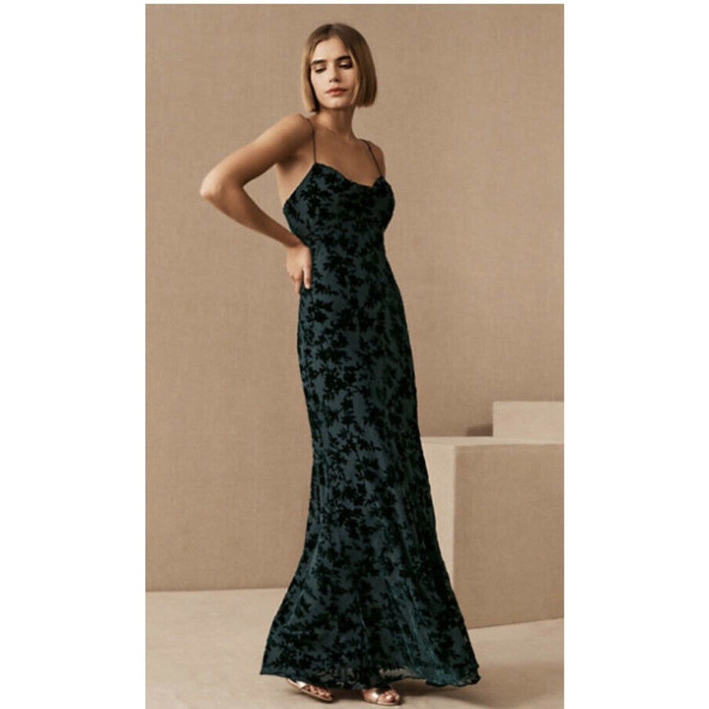 BHLDN Jenny Yoo Rory Size 8 Emerald Green Velvet Burnout Cowl Neck Maxi Dress